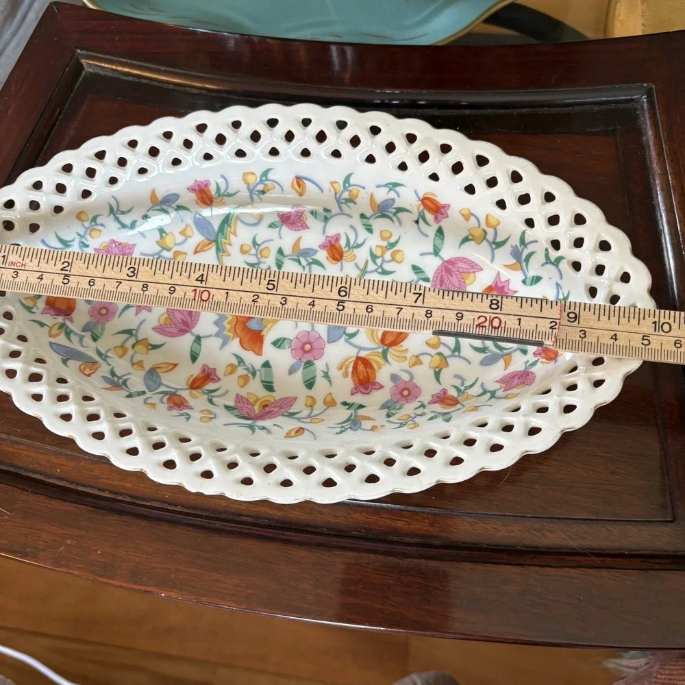 Vintage Retriculated Lace Rim Oval Dish Bright Happy Flowers 10